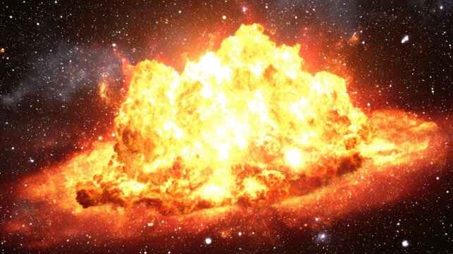 A cosmic explosion of fire erupts in the middle of space, surrounded by nebulae, and stars