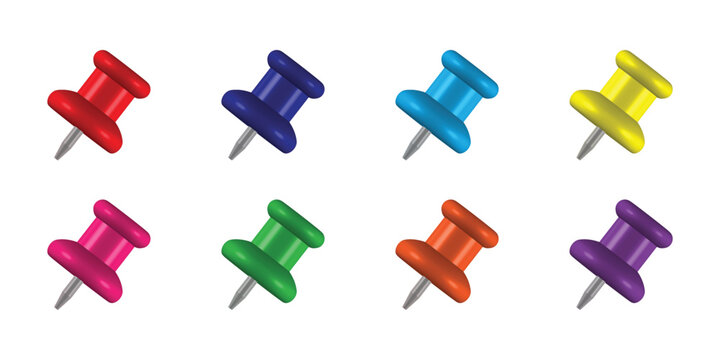 colorful set of 3d push pin vectors isolated on white background, realistic colorful 3d push pin icon set for map marking