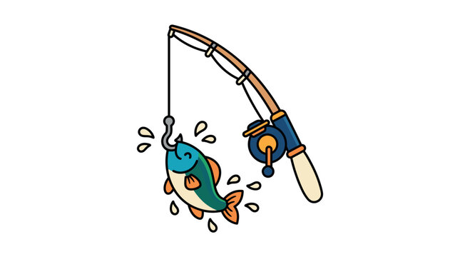 A colorful cartoon vector illustration featuring a fishing rod catching a happy fish. Fun design for outdoor hobby, sport, and nature projects.