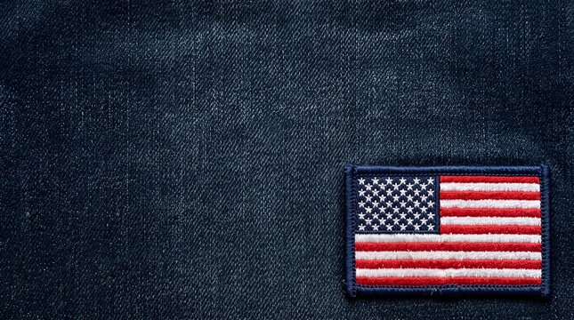 American flag patch on dark denim background, embroidered USA flag emblem on navy blue fabric, patriotic textile background with copy space