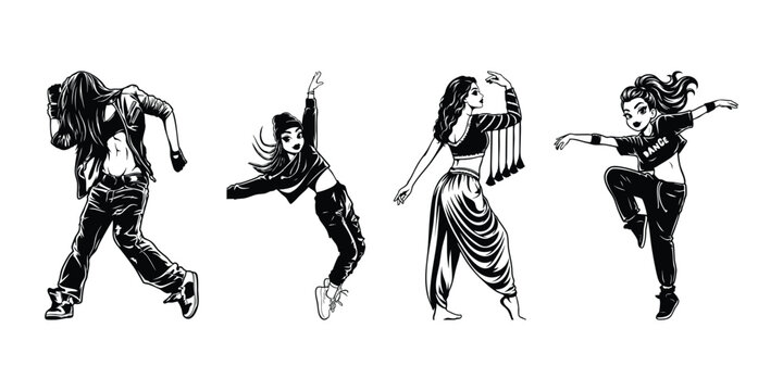 Hand drawn sketch illustrations of female hip hop dancers performing dynamic street dance moves.
