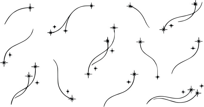 Decorative sparkling star vector graphic set featuring elegant hand drawn swooping lines and shining twinkle symbols for creative design projects