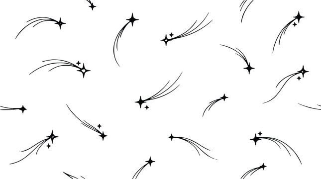 Seamless pattern design featuring black hand drawn shooting stars and celestial sparks isolated on a clean white graphic background surface