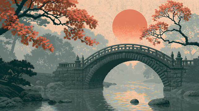 Japanese Autumn Landscape with Arched Bridge Maple Leaves and Rising Sun