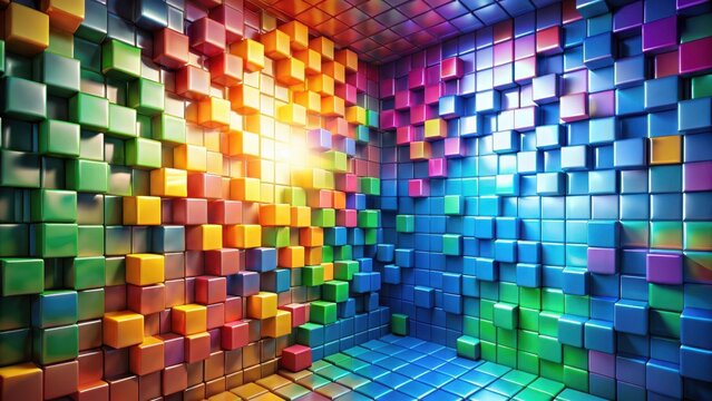 Colorful cube wall with a rainbow in the middle