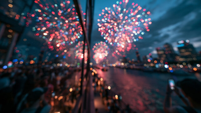 Blurred Fireworks Display over City River During Night Celebration