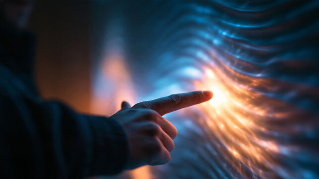 Finger Touching Glowing Futuristic Digital Interactive Surface