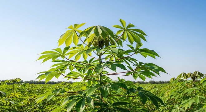 Vibrant green cassava plants flourish in a vast agricultural field under a clear blue sky, showing healthy foliage and organic growth, plants, harvest, leaf
