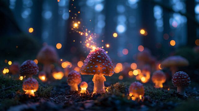 Glowing Fantasy Mushrooms in Enchanted Forest at Night