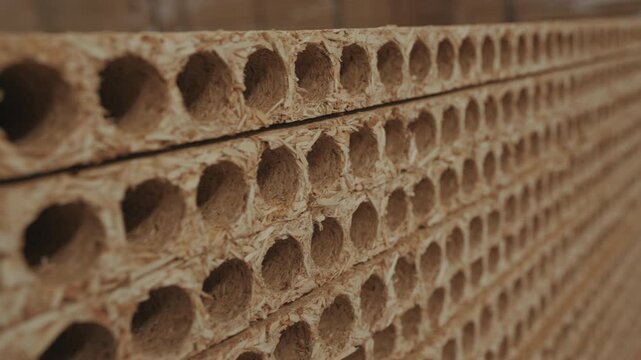 Close up shot along stacked hollow core particle board panels showing tubular holes texture in wood factory