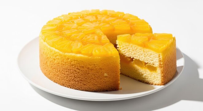 Vibrant yellow pineapple cake sliced on a white plate, highlighting the sweet golden fruit filling and soft buttery crust texture in light, crust, pineapple, tropical
