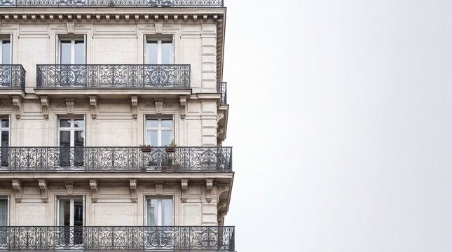 Haussmannian Parisian Building Facade with Balconies and Copy Space
