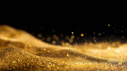 Fototapeta premium Low golden sparkle dune crossing a black field with bright airborne glitter and elegant copy space. Focused art direction suits brand identity, advertising layouts, and online content.