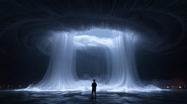 Futuristic Digital Art Installation with Glowing Waterfall and Visitor
