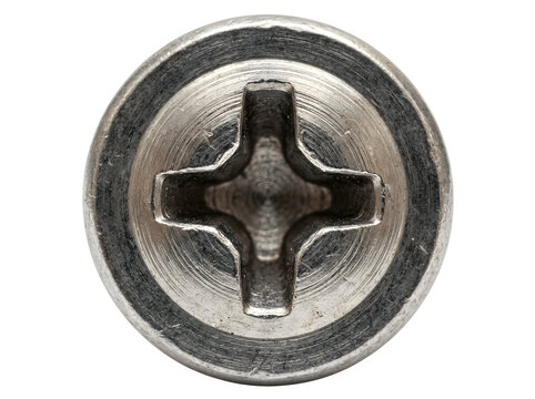 Closeup top view of a metal screw head isolated on transparent background