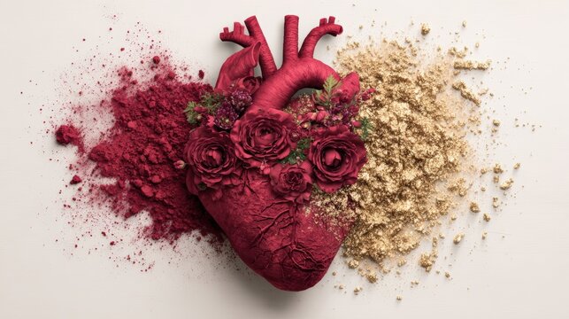 Sculptural red anatomical heart surrounded by crimson powder and scattered gold particles on white. Balanced framing suits visual branding, digital publishing, and promotional layouts.