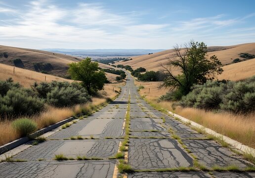 Cracked asphalt road stretching through golden rolling hills under blue sky