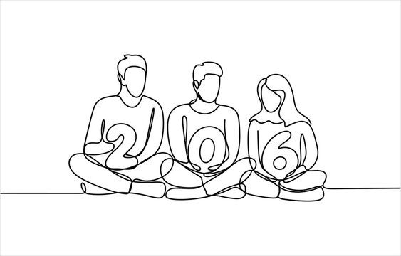 Continuous line drawing of a group of three friends sitting on the floor holding the number 206 for a celebration