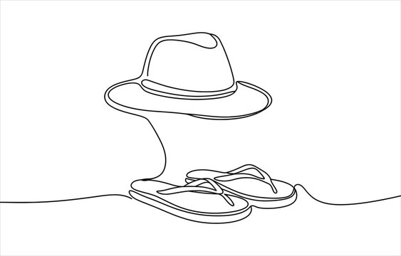 Continuous single line drawing of a summer hat and a pair of flip flop sandals for vacation and beach travel concept