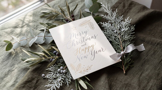 Festive Christmas and Happy New Year Banner in Sage Olive & Fros