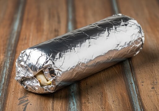 A delicious burrito tightly wrapped in shiny aluminum foil sits on a rustic wood tabletop, capturing a ready to eat lunch or dinner meal, wrap, wood, dinner