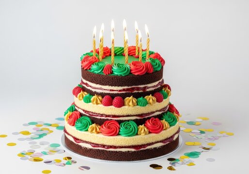 A delicious multi-layered festive cake topped with glowing lit candles and colorful frosting, surrounded by bright scattered confetti, glow, pink, flame
