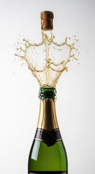 A dynamic champagne bottle opening with a powerful splash of golden bubbles and spray, perfect for festive celebration and party designs, bottle, champagne, element