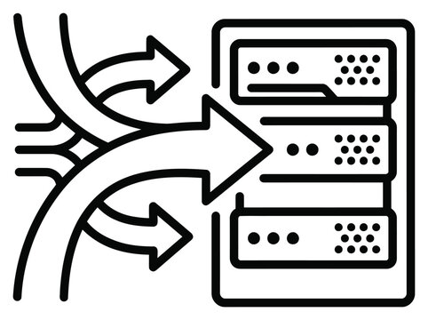 Server data migration line icon, database transfer and network integration vector symbol, black outline technology hosting graphic