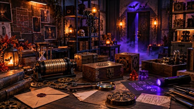 Halloween escape room puzzle workshop with clues locks and props