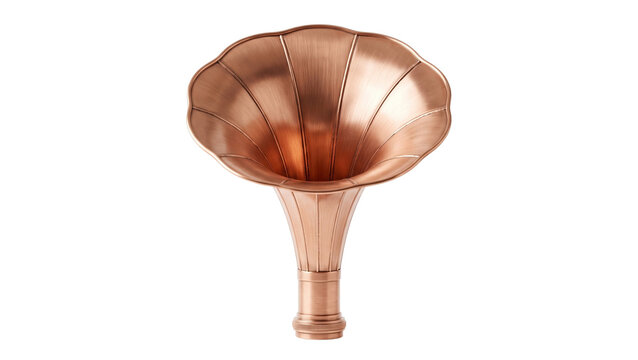 Copper gramophone horn with detailed fluted metal structure isolated on transparent background for antique phonograph restoration and interior historical design decor.