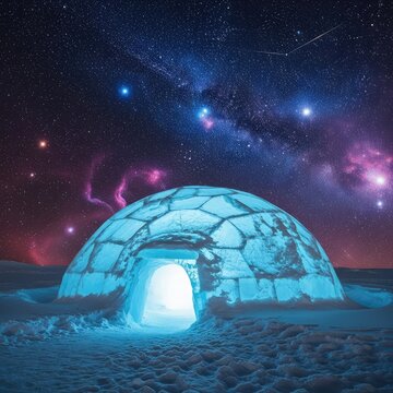 A glowing ice dome sits amidst a snowy wilderness under a vast celestial sky filled with countless stars and shimmering cosmic light, twilight, solitude, igloo