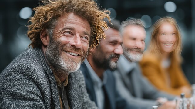 Group of diverse people smiling, possibly in a meeting, with focus on the first man
