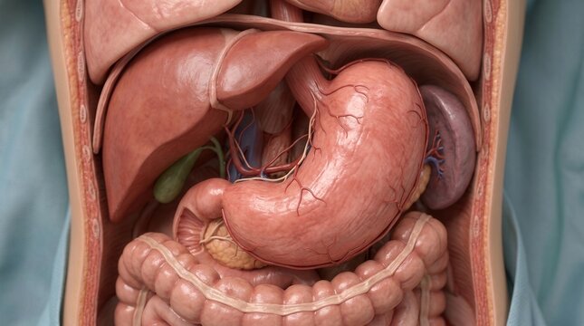 Detailed Human Abdominal Anatomy With Key Organs Visible And Clear