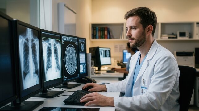 Doctor Examining Medical Scans On Multiple Computer Monitors