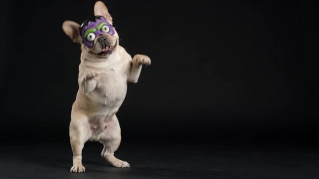 A cute French Bulldog wearing a superhero mask standing on hind legs.