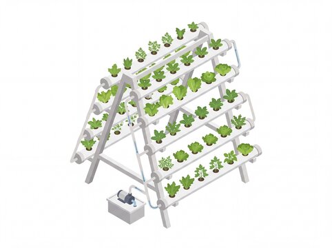 Isometric vertical hydroponic farming system growing green plants