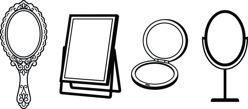 Vintage hand mirror tabletop makeup vanity and compact mirror outline icons collection isolated on white background