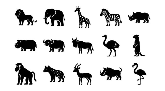 African wildlife silhouette icon set with lions, elephants, giraffes, and zebras on transparent background