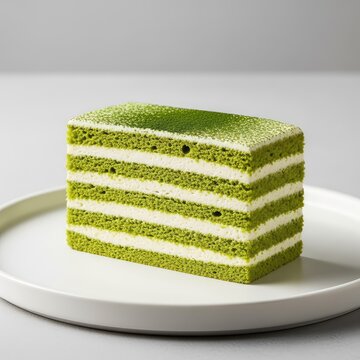 A stack of vibrant green matcha sponge cake layers alternates with smooth cream on a ceramic plate, showcasing delicate gourmet textures, powder, macro, bright