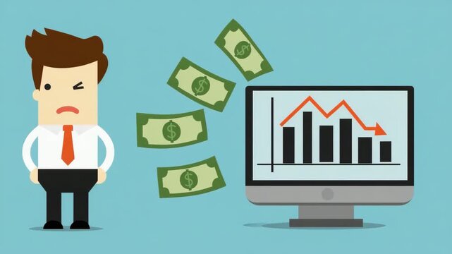 Worried businessman beside declining financial chart and falling money, representing business loss, reduced revenue, risk and economic downturn
