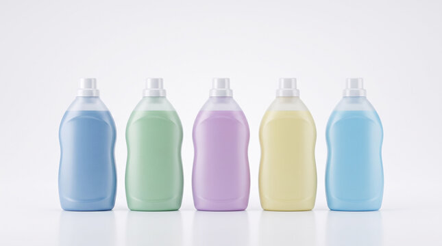 Five colorful liquid detergent bottles lined up neatly in a row