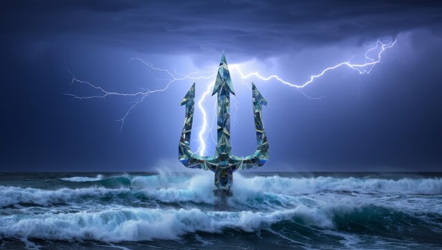 Crystal Trident Emerges from Stormy Seas with Lightning