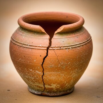 An aged earthen terracotta pot sits empty and abandoned, featuring a deep vertical crack extending from the rim down its side surface, flower, clay, reddish
