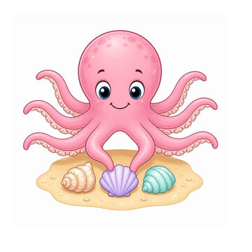 Cute pink octopus holding a purple seashell on sand