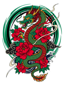 Traditional oriental dragon illustration with red flowers and circular frame design element isolated on transparent background