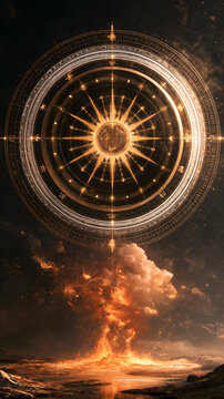 Bronze drum light pattern, central golden sun radiating twelve precise rays, silver concentric circles with geometric symbols, orange-red flame below, bronze void, fire drum resonance visual asset
