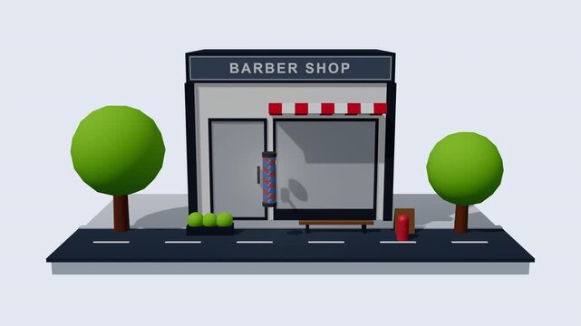 A perfectly framed, tall front-facing soft 3D barbershop diorama. Features high-ceiling architecture, perfectly crisp and readable signage, a classic red-and-white awning, and an animated barber pole