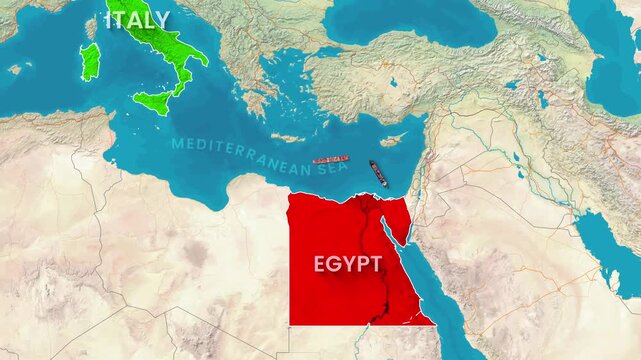 Animated map footage showing Italy and Egypt connected by sea routes
