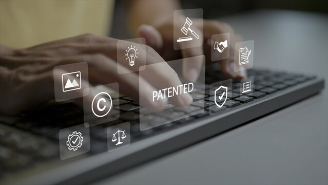 Patented concept. Person typing keyboard with official patent badge, intellectual property shield and idea lightbulb icons, legal invention protection and copyright registration.