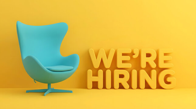 We Are Hiring Concept With Modern Blue Armchair | Yellow Background Job Recruitment Banner With 3D Text | Join Our Team Career Opportunity Concept Design